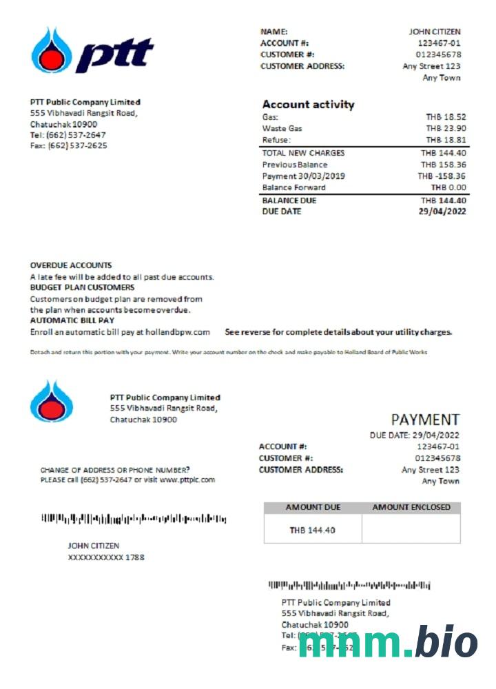 Szablon rachunku za gaz w Tajlandii PTT w formacie Word i PDF